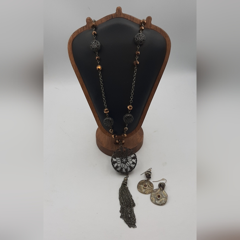 Vintage Metal Long Decorative Necklace and Pierced Earring Women's